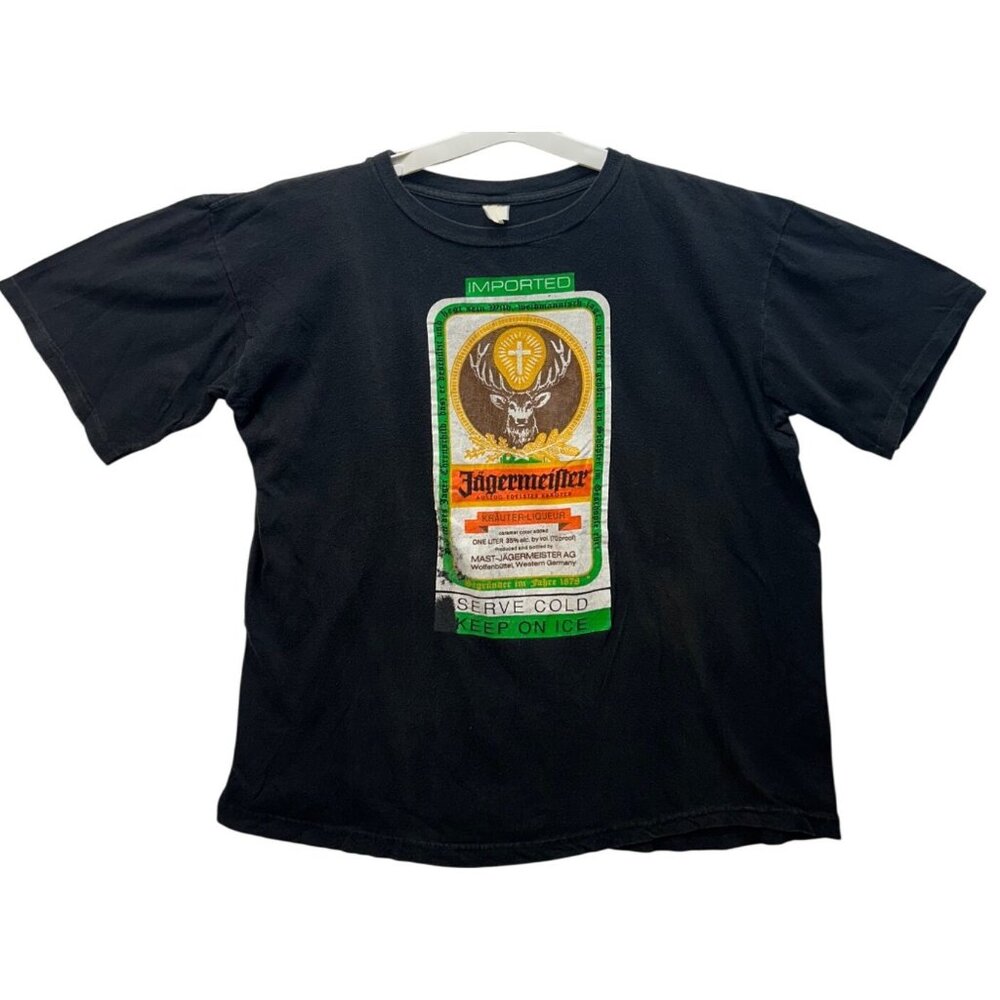 Vintage 90’s Jägermeister Graphic T-Shirt Black Size L single stitch FADED retro